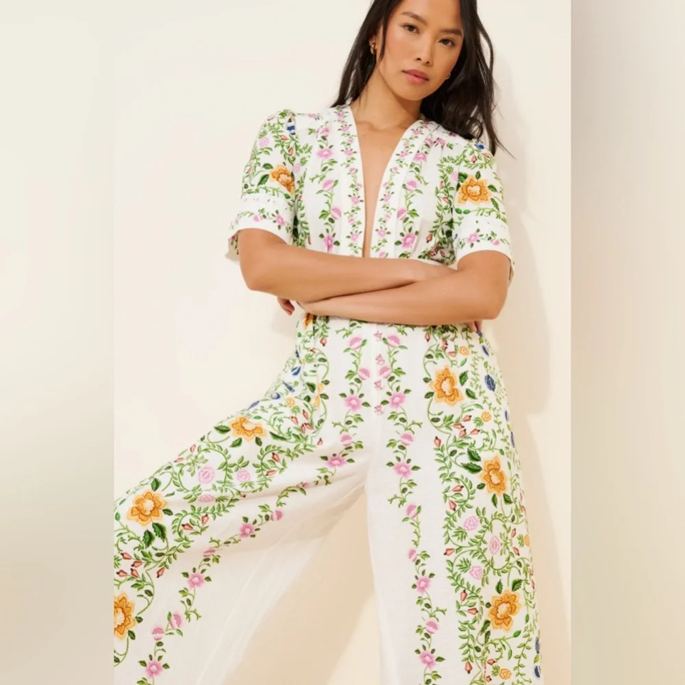 Farm Rio Anthropologie Folk Floral Linen Blend Short Sleeve Jumpsuit Medium - Picture 4 of 8